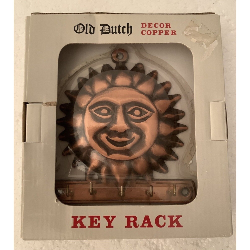 Old Dutch Decor Copper Sun Face Sunburst Wall Key Rack 5 Hooks Preowned Vintage